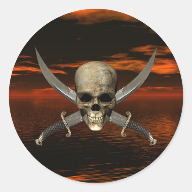 Skull and Crossed Swords w/Red Sky Background 1 Classic Round Sticker (Front)