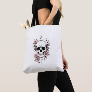 Skull and Flower Tote Bag   Edgy Floral Design