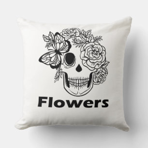 Skull and Flowers black and white Cushion