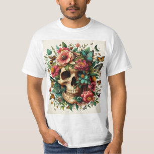 Skull and Flowers - Colorful Floral Design T-Shirt