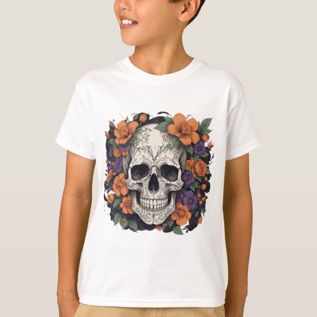 Skull and Flowers – Floral Skull Fusion T-Shirt (Front)