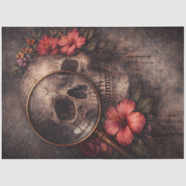 Skull and Flowers | Gothic Magnifying Glass Art Tissue Paper (Front)