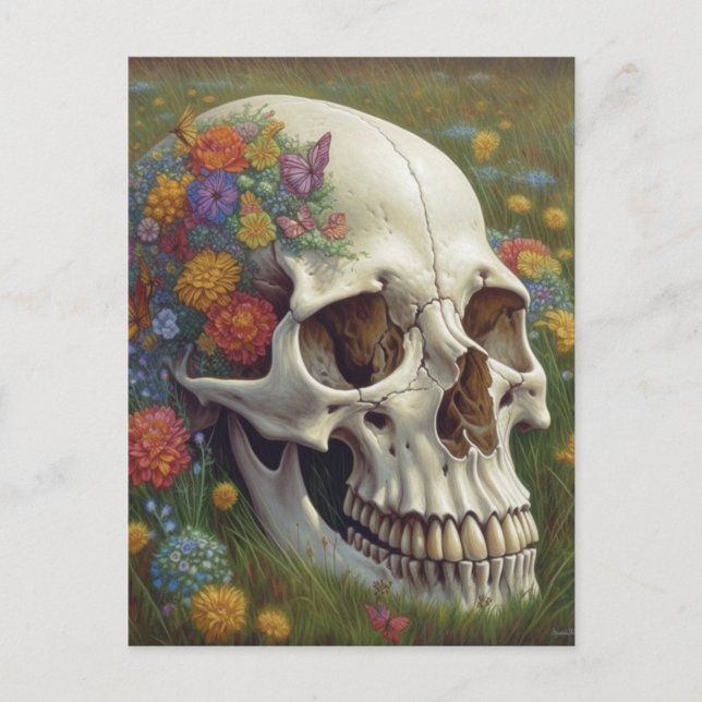 Skull and Flowers Postcard in Grass (Front)