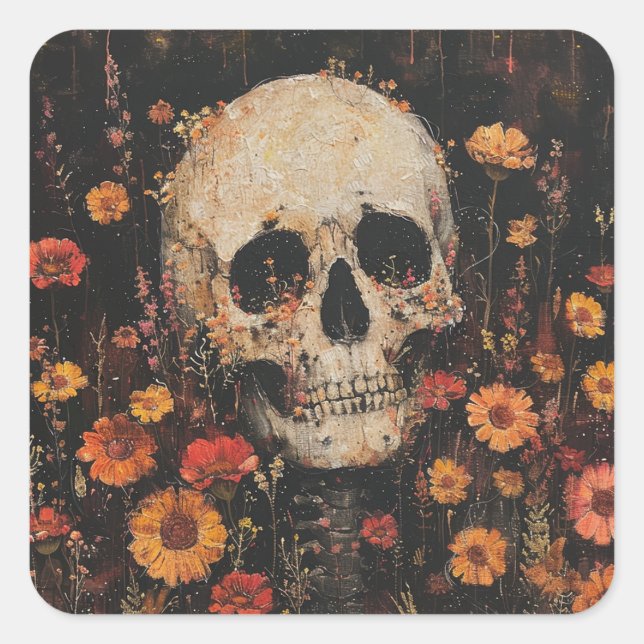 Skull and Flowers Postcard Square Sticker (Front)