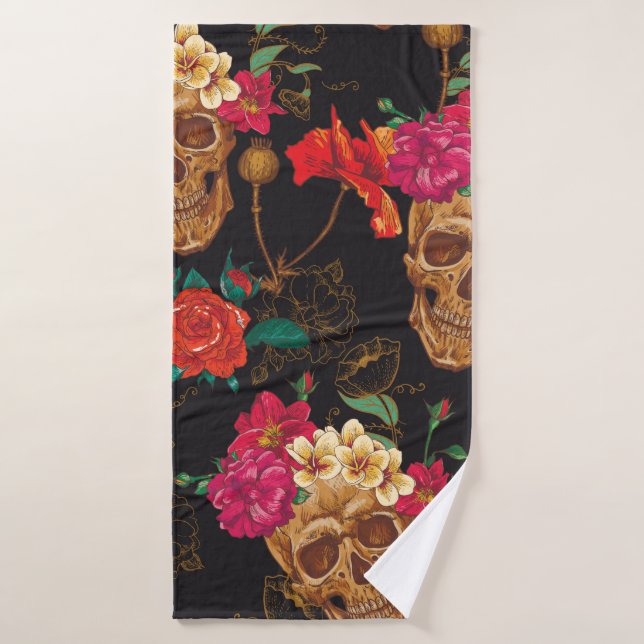 Skull and Flowers Seamless Background Bath Towel (Bath Towel)