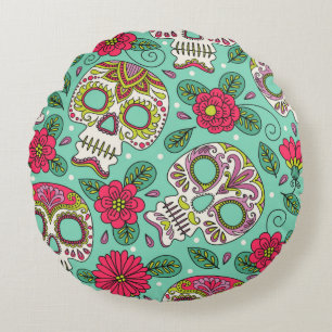 Skull and Flowers. Seamless Background. Mexican da Round Cushion