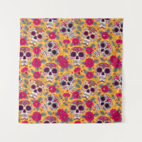 Skull and Flowers. Seamless Background. Mexican da
