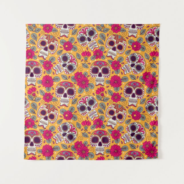 Skull and Flowers. Seamless Background. Mexican da Tapestry (Front)