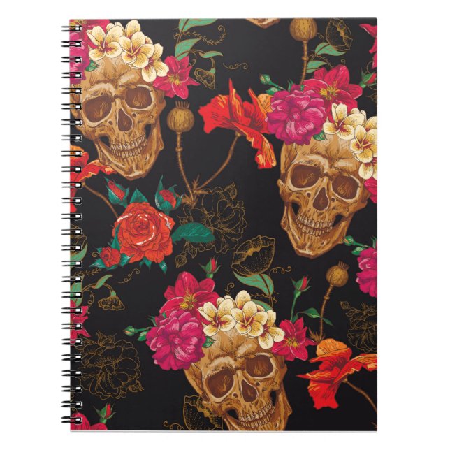 Skull and Flowers Seamless Background Notebook (Front)