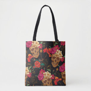 Skull and Flowers Seamless Background Tote Bag