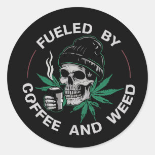 skull and holding a steaming coffee cup classic round sticker