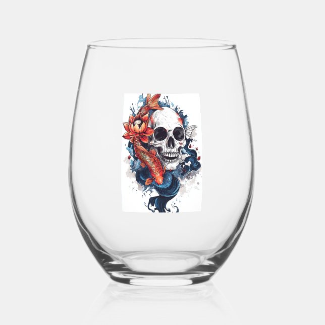 Skull and Koi Serenity Stemless Wine Glass (Front)