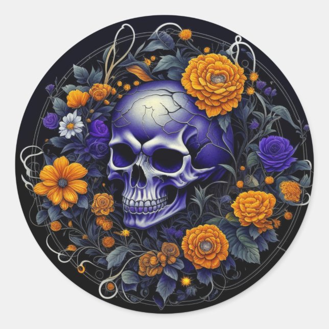 Skull and Orange Flowers AI art Classic Round Sticker (Front)