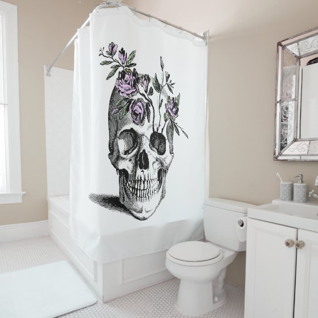 Skull and Pink FLowers Shower Curtain (In Situ)