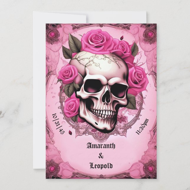 Skull And Pink Rose Traditional Gothic Wedding Invitation (Front)