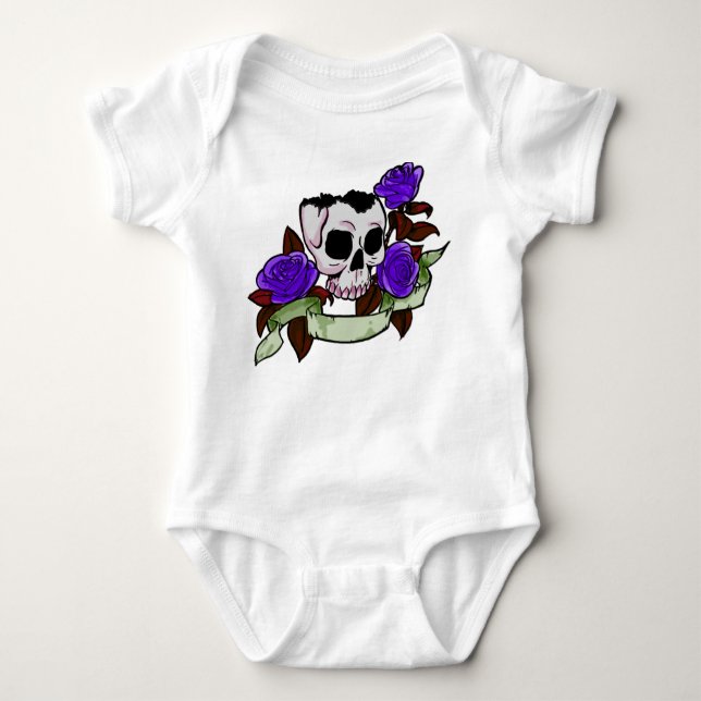 Skull and purple roses baby baby bodysuit (Front)