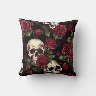 Skull And Red Roses Gothic Floral Cushion