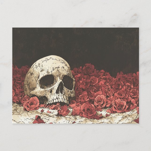Skull and Red Roses Illustration Postcard (Front)