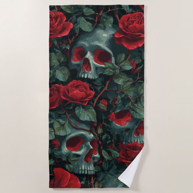 Skull and Red Roses Pattern – Dark Floral Design Beach Towel (Front)