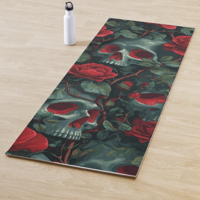 Skull and Red Roses Pattern – Dark Floral Design Yoga Mat (In Situ)