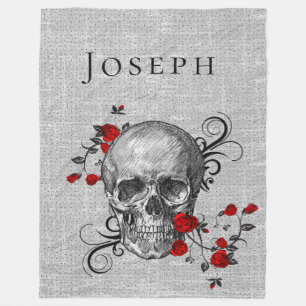 Skull And Red Roses Personalised Fleece Blanket