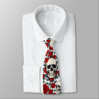 Skull and Red Roses Tie