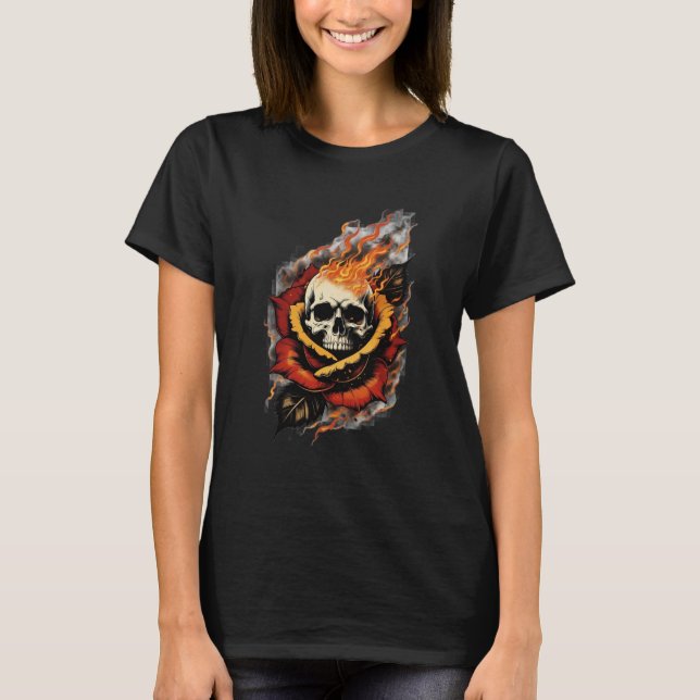 Skull and Rose Flame Tattoo T-Shirt (Front)