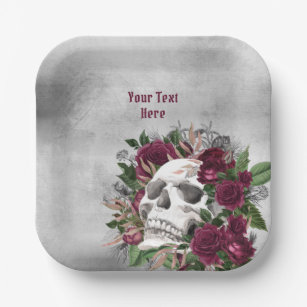 Skull and Roses Burgundy Maroon Grey Personalised Paper Plate