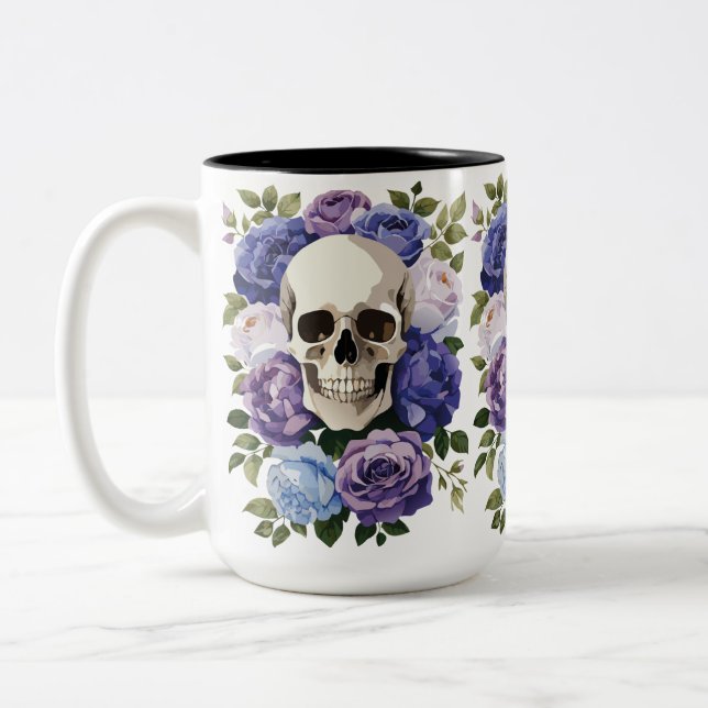 Skull and Roses – Gothic Floral Two-Tone Coffee Mug (Left)