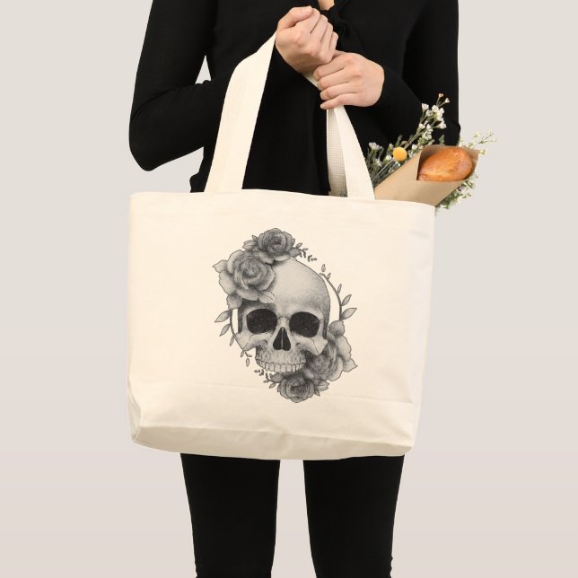 Skull and Roses Sketch Large Tote Bag (Front (Product))