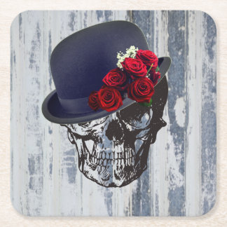 Skull and Roses Square Paper Coaster