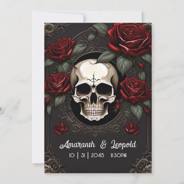 Skull And Roses Traditional Gothic Wedding Invitation (Front)