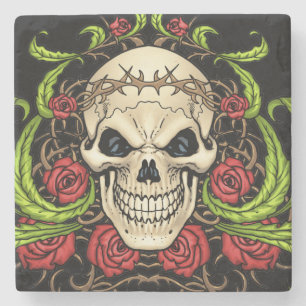 Skull and Roses with Crown Of Thorns by Al Rio Stone Coaster
