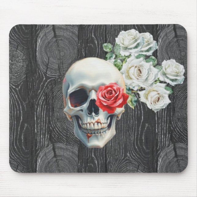 Skull and Roses Wood Texture Mouse Pad (Front)