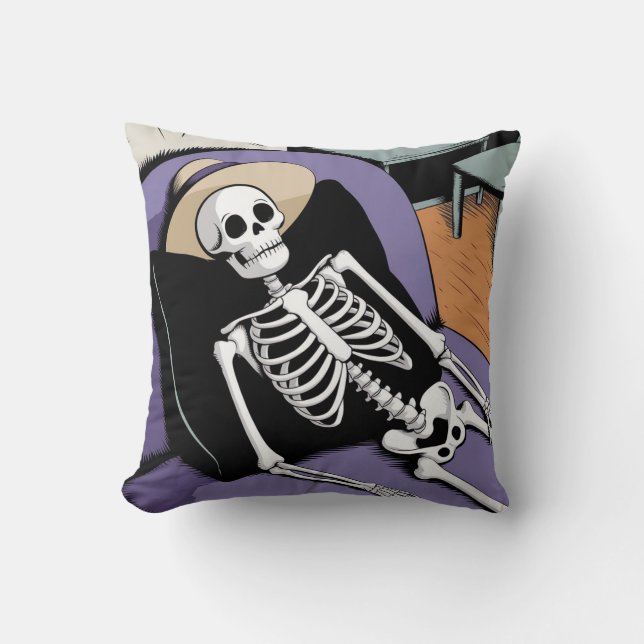 Skull and Skeleton Laying down Halloween Accent Cushion (Front)