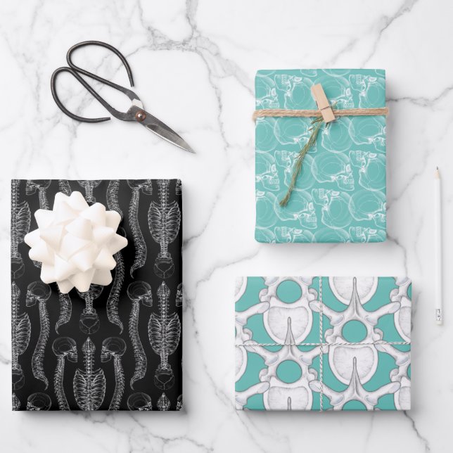 Skull and Spine Bones Wrapping Paper Sheet (Front)