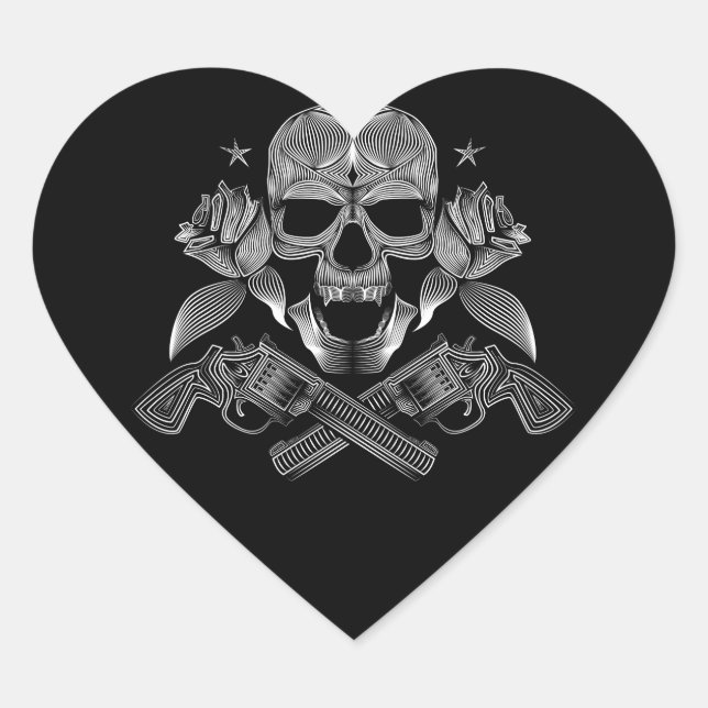 Skull and Stars with Roses and Crossed Guns Heart Sticker (Front)