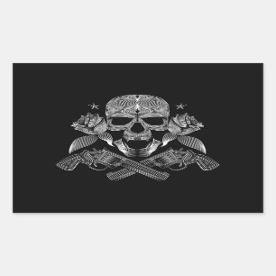 Skull and Stars with Roses and Crossed Guns Rectangular Sticker