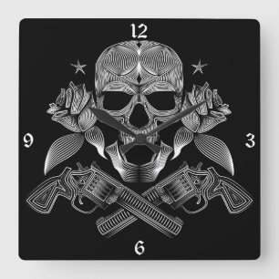 Skull and Stars with Roses and Crossed Guns Square Wall Clock