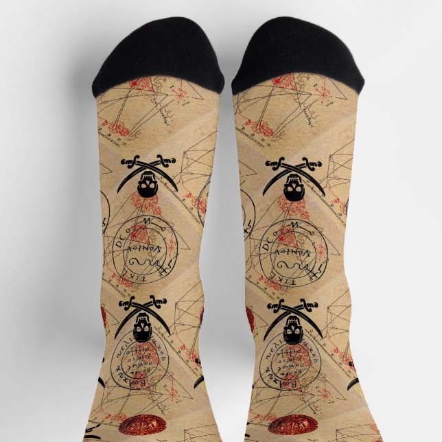 SKULL AND  SWORDS ,PIRATES TREASURE MAP PARCHMENT  SOCKS (Top)