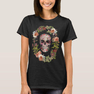 Skull and Vintage Flower Wreath for Flower and Gar T-Shirt