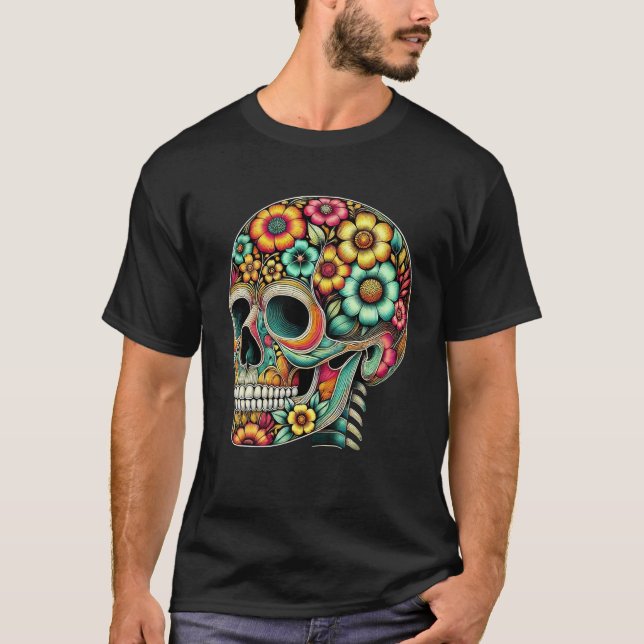 Skull Art Flowers Graphic Colourful Motif line T-Shirt (Front)