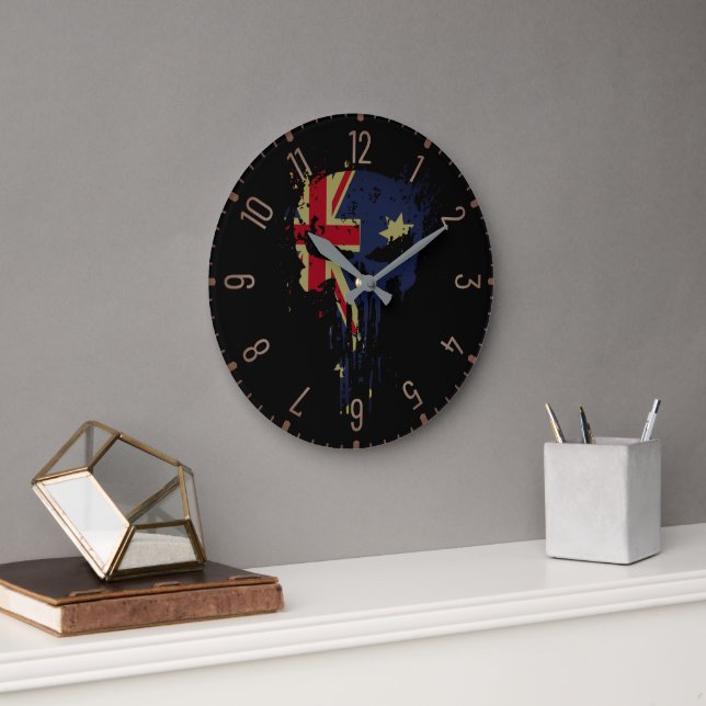Skull Australian Flag Black Large Clock (Office)
