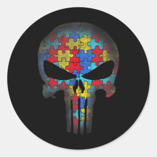 Skull Autism Awareness Puzzle Piece Mens Womens Ki Classic Round Sticker