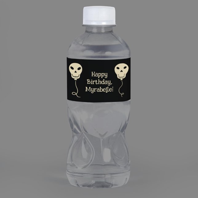 Skull Balloon Goth Birthday Party Water Bottle Label (Creator Uploaded)