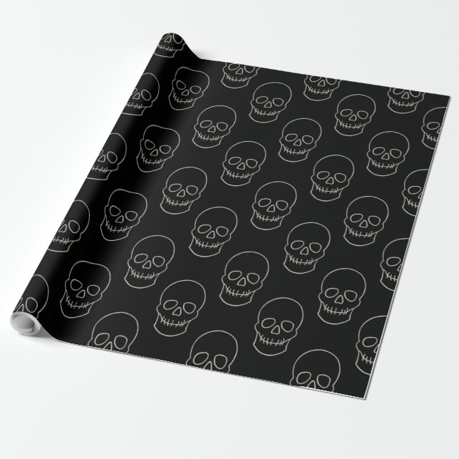 Skull - Bat Black and Bone White Wrapping Paper (Unrolled)
