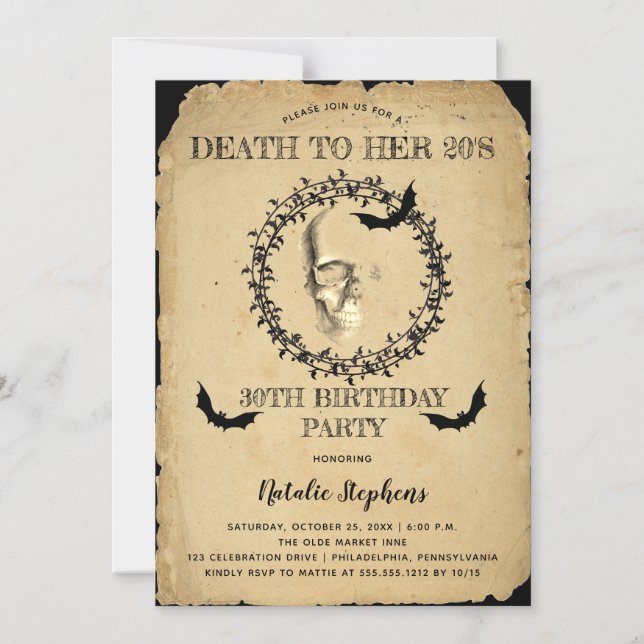 Skull Bats Death to Her 20s Birthday Party  Magnetic Invitation (Front)