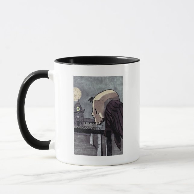 Skull Bird perched in a Graveyard mug (Left)