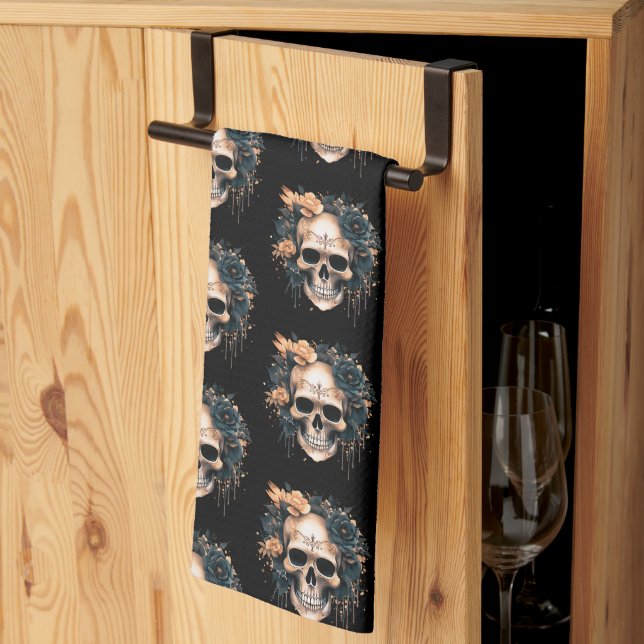 Skull Black and Gold Flowers Pattern Halloween Tea Towel (Thirds Fold)