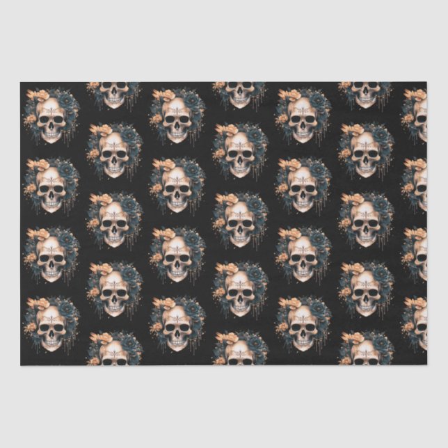 Skull Black and Gold Flowers Pattern Halloween Tissue Paper (Front)